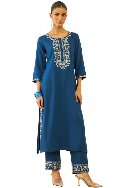 Soch Womens Blue Rayon Floral Embroidered Round-Neck Nyra-Cut Kurta Sets