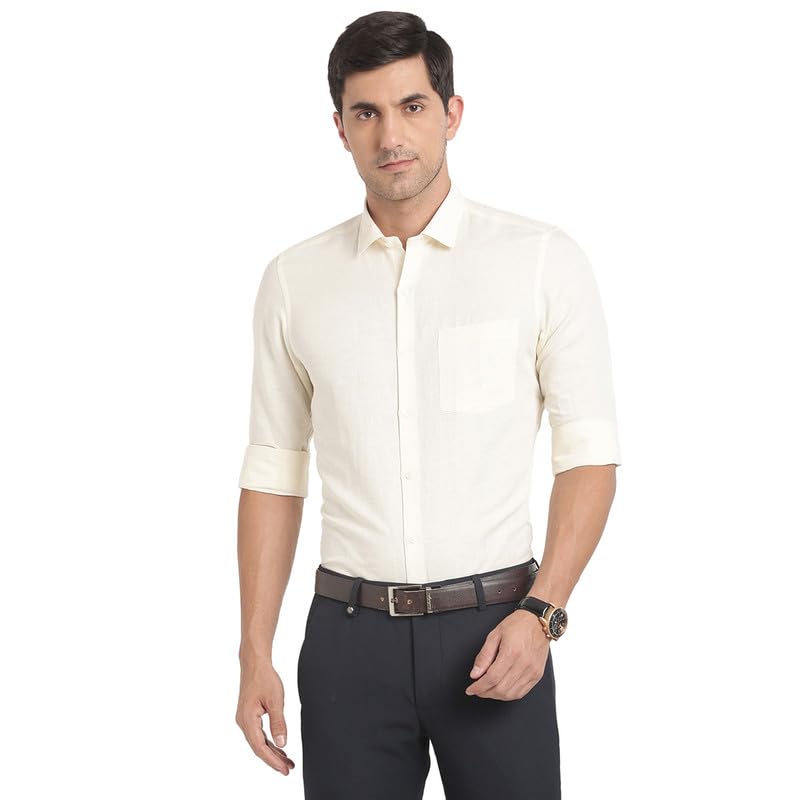 Turtle Men Cotton Linen Cream Printed Slim Fit Formal Shirts