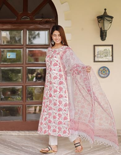 ANNI DESIGNER Womens Cotton Blend Straight Printed Kurta with Pant & Dupatta (VINKI White_M_White_Medium)