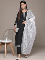 Ziyaa Women Women'S Black Crepe Straight Kurta, Pant And Dupatta Set
