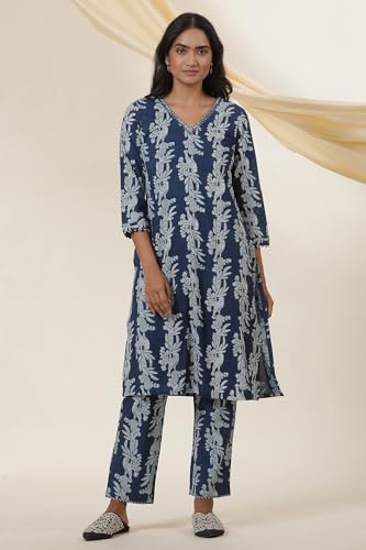 W For Woman Folksong Blue Animal Print Cotton Straight Kurta