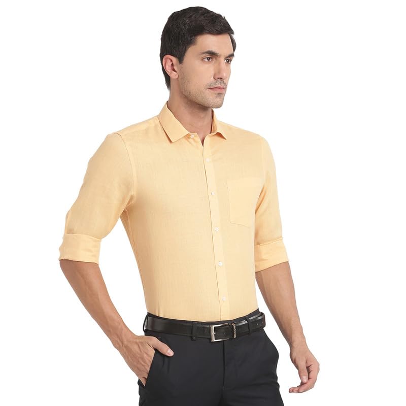 Turtle Men Pure Linen Yellow Solid Slim Fit Formal Shirts