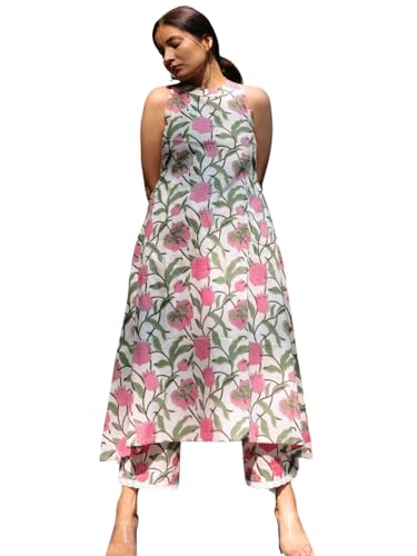 GRECIILOOKS Women Rayon A-Line Regular Fit Kurta Set (Pink, Small)