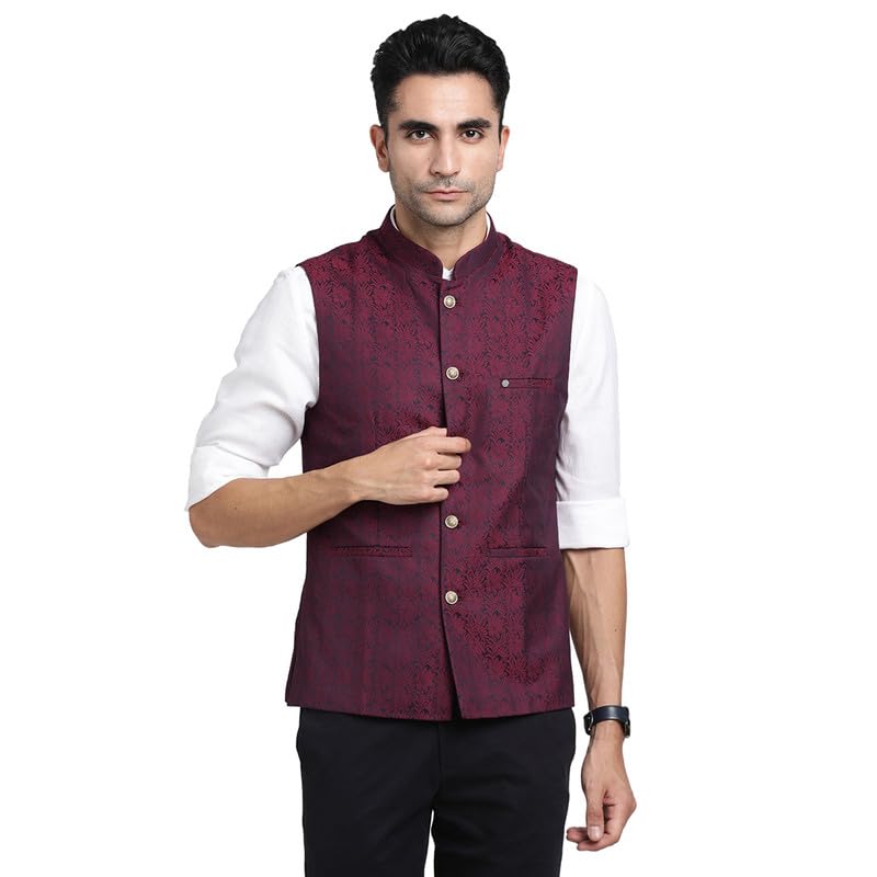 Turtle Men Poly Viscose Maroon Jacquard Ceremonial Nehru Jacket