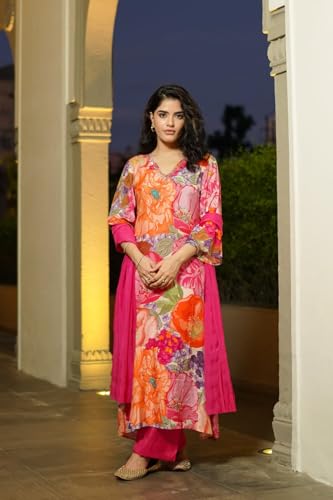 ANNI DESIGNER Womens Cotton Blend Straight Printed Kurta with Pant & Dupatta (VILASA Pink_XXL_Pink_XX-Large)