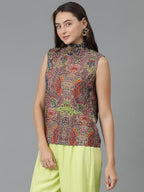 Kotty WomenS Casual Sleeveless High Neck Printed Top(Multicolor,Xl)