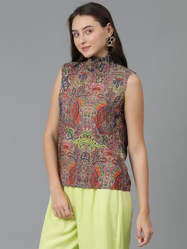 Kotty WomenS Casual Sleeveless High Neck Printed Top(Multicolor,Xl)