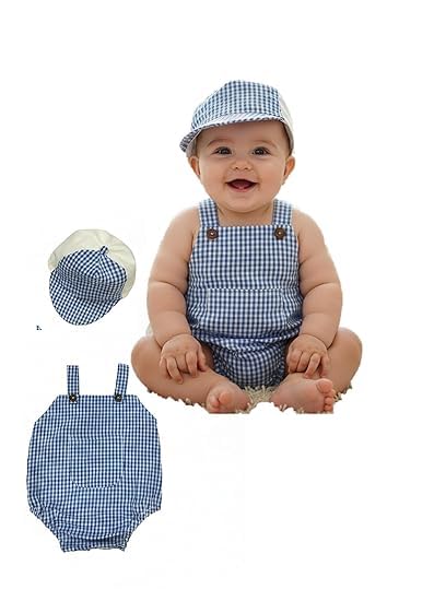 The Root & Craft Baby Cotton Romper With Matching Cap, Blue Check, Sleeveless Dungaree Set For Infants (Yellow, 03 Month) (Blue 0-3
