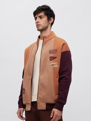 The Souled Store Ticket To Nowhere Men and Boys Long Sleeves Stand Collar Zipper Front Brown Cotton Blend Oversized Racer Jacket