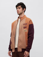 The Souled Store Ticket To Nowhere Men and Boys Long Sleeves Stand Collar Zipper Front Brown Cotton Blend Oversized Racer Jacket