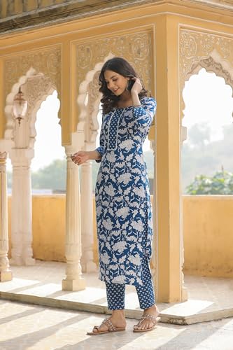 ANNI DESIGNER Womens Cotton Blend Straight Printed Kurta with Pant (Pustak Blue-BFV_3XL_Blue_XXX-Large)