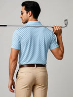 Mens Cotton Printed Polo Tshirt | 220 GSM Interlock Fabric | Slim Fit | Skin-Friendly Ink | Sky Blue Golf-Inspired Pattern T Sh