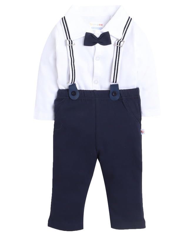 BUMZEE Cotton Navy & White Boys Full Sleeves Shirt Pant Set With Suspender & Cap Age - 18-24 Months (Peb8583E-Nbl.Wht), Blue & W