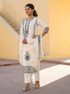 ANNI DESIGNER Womens Rayon Blend Embroidered Straight Kurta with Pant & Dupatta (TRP-Off-White-NBH_M_White_Medium)
