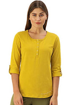 Enamor Essentials Womens Slim Fit Henley Neck 3/4th Sleeves Cotton Tee with Snap Button Placket Front & Sleeve Tab - E129(E129-