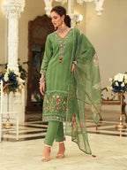 Varanga Women Floral Motif Thread Embroidered & Orangza Lace Detailed Kurta With Trouser & Dupatta