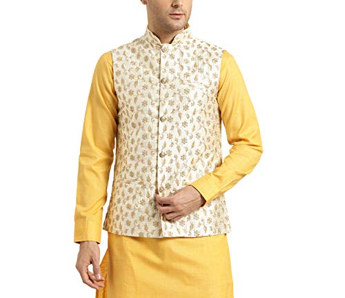 Sojanya (Since 1958, Mens Silk Blend, Cream & Gold Embroidered Nehru Jacket, Size: 38