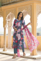 ANNI DESIGNER Womens Cotton Blend Straight Printed Kurta with Pant & Dupatta (Sohini Grey_M_Grey_Medium)