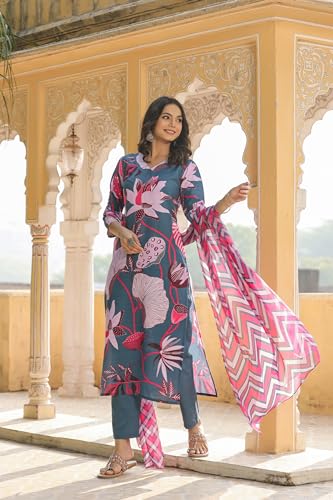 ANNI DESIGNER Womens Cotton Blend Straight Printed Kurta with Pant & Dupatta (Sohini Grey_M_Grey_Medium)