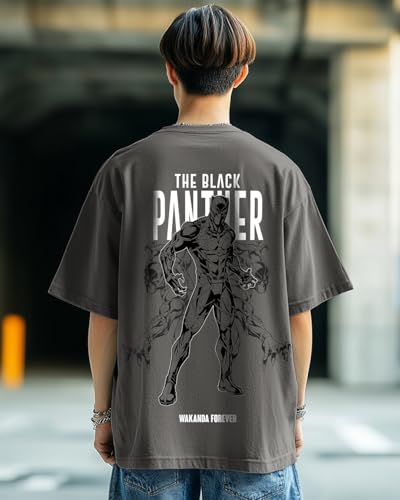 Bewakoof Official Marvel Merchandise Wakanda Forever Mens Graphic Print Oversized Fit Half Sleeve Round Neck Cotton T-Shirt_637