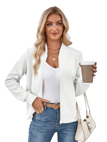 Shasmi Womens White Polyester Solid Color Long Sleeve Zip Up Bomber Casual Baseball Spring & Autumn Solid Texture Baseball Coll