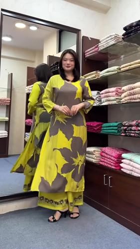 ANNI DESIGNER Womens Rayon Blend Straight Printed Kurta with Palazzo (Nolaram Yellow_L_Yellow_Large)