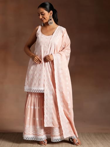 Libas Womens Embroidered Cotton Straight Kurta With Sharara And Dupatta