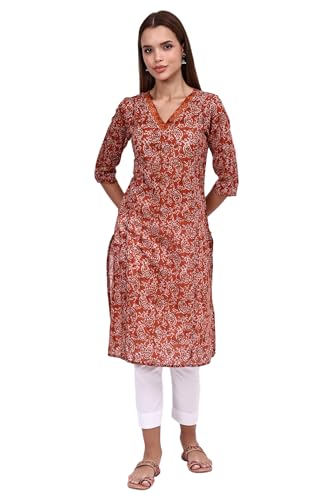 Aurelia Womens Orange Batik Printed Pure Cotton Straight Casual Kurta (Size: XL)-A15891-509329
