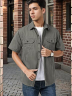 Smowkly MenS Casual Solid Printed Cotton Regular Fit Shirt || Half Sleeve, Button Down, Double Front Pocket || Denim Shacket St