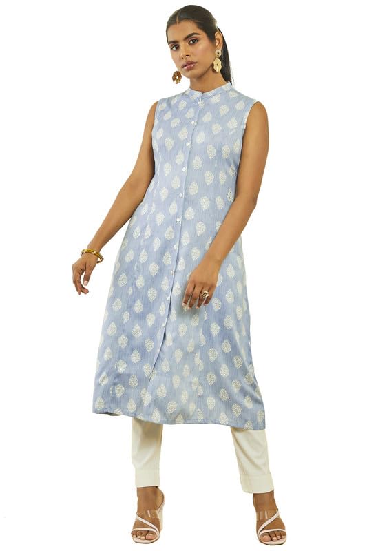 Soch Womens Blue Rayon Printed Straight Kurta with Princess Seam