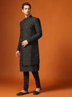Kisah MenS Kurta Indo-Western Sherwani Churidar Set, Black Cotton Blend, Embroidered Regular Fit Mandarin Collar Long Sleeves (