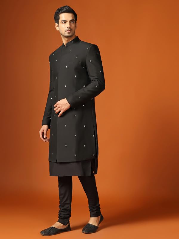 Kisah MenS Kurta Indo-Western Sherwani Churidar Set, Black Cotton Blend, Embroidered Regular Fit Mandarin Collar Long Sleeves (