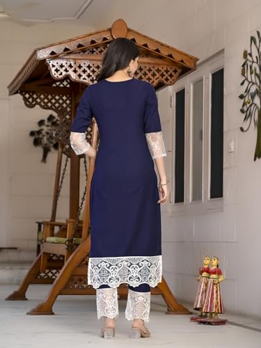ANNI DESIGNER Womens Cotton Blend Straight Solid Kurta with Pant (Takada Navy Blue_S_Navy Blue_Small)