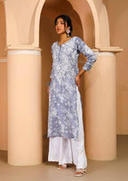 ANNI DESIGNER Womens Cotton Blend Chikankari Embroidered Straight Kurta (Zainab Grey_S_Grey_Small)