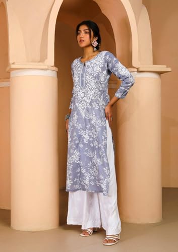 ANNI DESIGNER Womens Cotton Blend Chikankari Embroidered Straight Kurta (Zainab Grey_XL_Grey_X-Large)