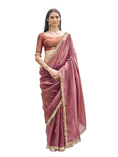 Womanista Womens Solid Embellished Lace Saree With Un-stitched blouse