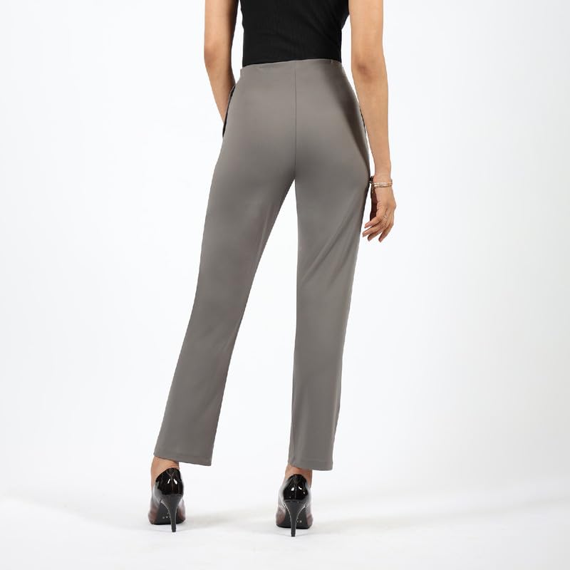 BlissClub Women The Ultimate High Rise Straight Pants|Trousers for Women|Straight Fit|Pintuck Design|Polyester,Dark Grey