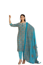Varanga Women Blue Printed Round Neck Straight Kurta With Bottom And Dupatta