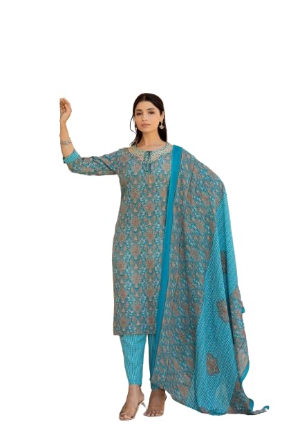 Varanga Women Blue Printed Round Neck Straight Kurta With Bottom And Dupatta