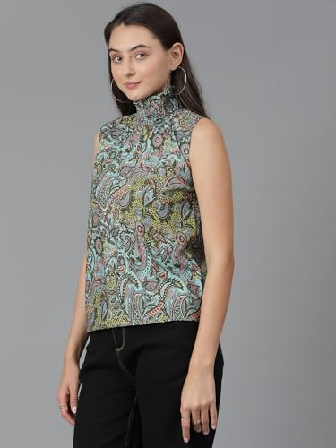 Kotty WomenS Casual Sleeveless High Neck Printed Top(Multicolor,Xl)