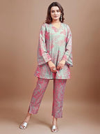 Womanista Women Cotton Blend Dusty Green Colour Hakoba Printed Tunic With Trouser Cord Set(Co-Ords_9094_M)
