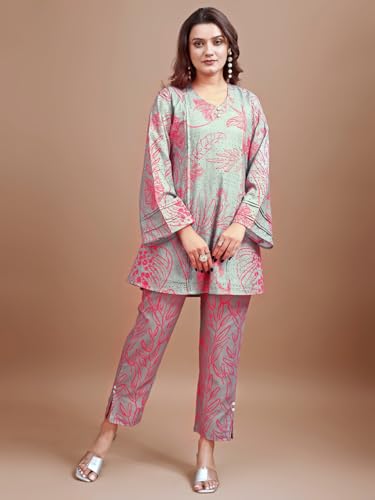 Womanista Women Cotton Blend Dusty Green Colour Hakoba Printed Tunic With Trouser Cord Set(Co-Ords_9094_M)