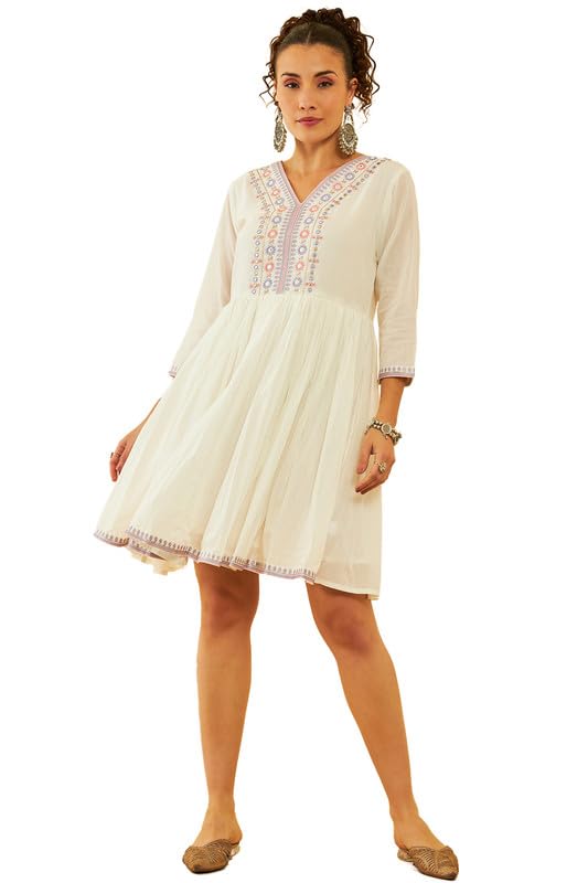 Soch Women & Cotton Floral Embroidered Dress with Faux Mirror