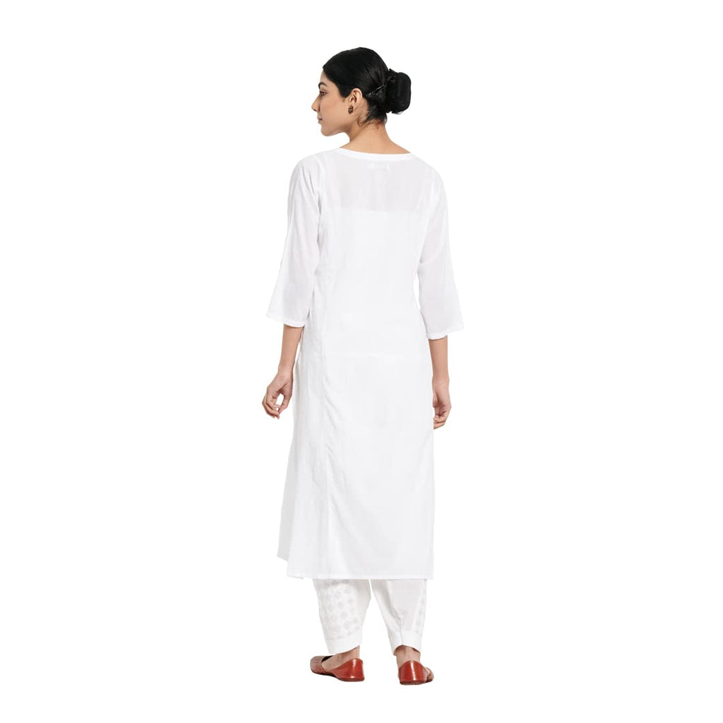 Fabindia Women Embroidered Slim Fit Long Kurta Cotton_White
