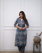 ANNI DESIGNER Womens Rayon Viscose Straight Printed Kurta with Pant (KADAI Blue_S_Blue_Small)
