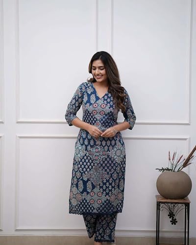 ANNI DESIGNER Womens Rayon Viscose Straight Printed Kurta with Pant (KADAI Blue_S_Blue_Small)