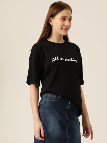 KOTTY Womens Cotton Blend Black Printed Oversized T-Shirts
