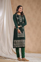 Ishin WomenS Green Jacquard Style Geometric Pattern Straight Winterwear Kurta