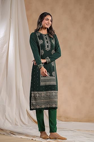 Ishin WomenS Green Jacquard Style Geometric Pattern Straight Winterwear Kurta