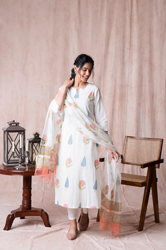 ANNI DESIGNER Womens Cotton Blend Straight Printed Kurta with Pant & Dupatta (Nairiti White_XXL_White_XX-Large)